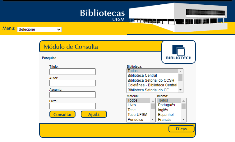 Captura de tela da homepage do site da Biblioteca Central em 2003