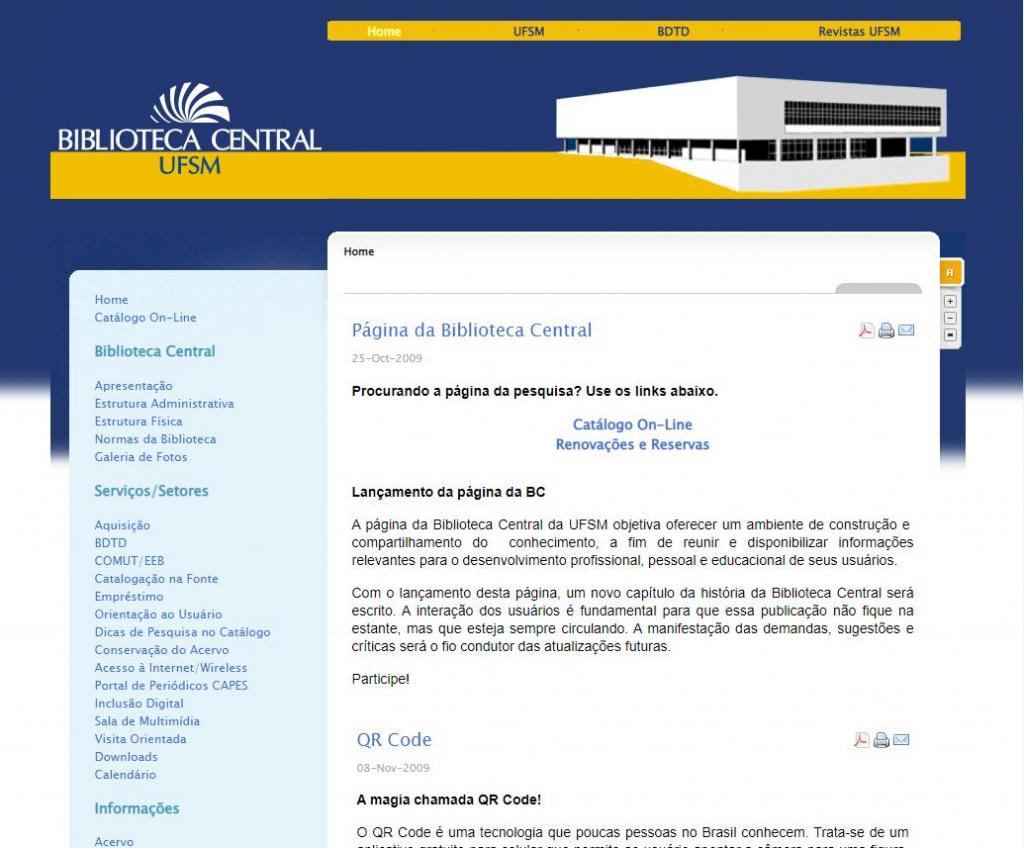 Captura de tela da homepage do site da Biblioteca Central em 2009