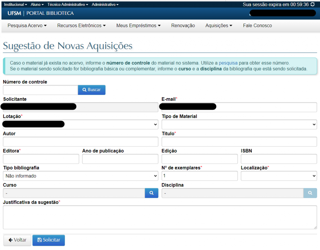 Captura de tela do formulário de sugestão de novas aquisições.