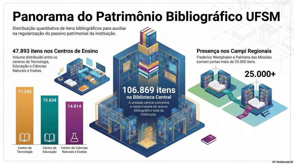 Infográfico "Panorama do patrimônio bibliográfico UFSM" Lead: "Distribuição quantitativa de itens bibliográficos para auxiliar na regularização do passivo patrimonial da instituição." À esquerda: "47893 itens nos Centros de Ensino: volume distribuído entre os centros de Tecnologia (17245), Educação (15834) e Ciências Naturais e Exatas (14814). No centro: "106869 itens na Biblioteca Central: a unidade central concentra a vasta maioria do acervo bibliográfico total da instituição." Á direita: "Presença nos campi regionais: Frederico Westphalen e Palmeira das Missões somam juntas mais de 25000 itens."
