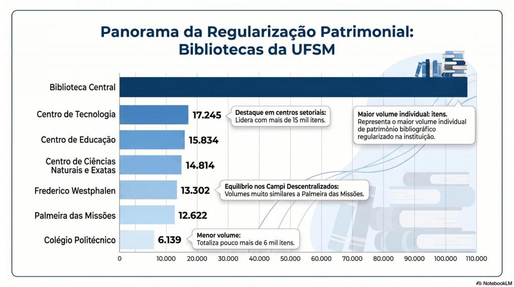 Infográfico da regularização patrimonial: bibliotecas da UFSM Gráfico de barras com eixo vertical por biblioteca e horizontal com valores de 0 a 110000. De cima para baixo, lê-se: Biblioteca Central: maior volume individual: itens. Representa o maior volume individual de patrimônio bibliográfico regularizado na instituição; Centro de Tecnologia: 17245: destaque em centros setoriais: lidera com mais de 15 mil itens; Centro de educação: 15834; Centro de Ciências Naturais e Exatas: 14814 Frederico Westphalen: 13302: equilíbrio nos campi descentralizados: volumes muito similares a Palmeira das Missões; Palmeira das Missões: 12622 Colégio Politécnico: 6139: menor volume: totaliza pouco mais de 6 mil itens.