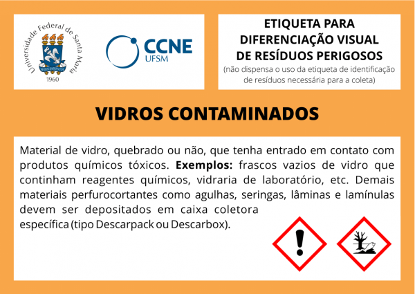 Etiqueta padrão para identificação de resíduos perigosos de VIDROS CONTAMINADOS.