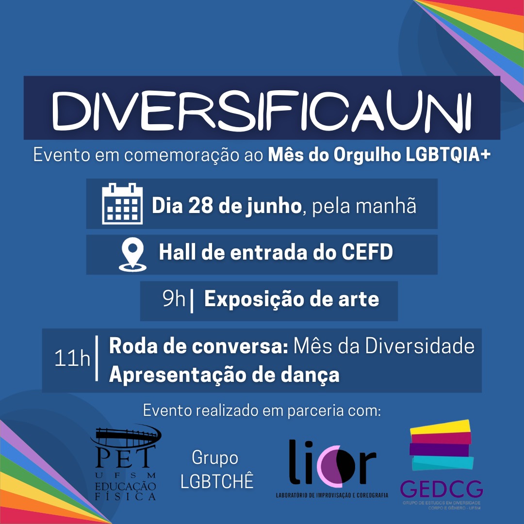 Card de fundo azul escuro, nas pontas de suas bordas superior direita e inferior à esquerda possui linhas coloridas, nas cores da bandeira LGBTQIA+. Centralizado em cima, possui um retângulo em azul mais escuro e o nome do evento, que é “DIVERSIFICAUNI” em letras maiúsculas, abaixo do quadro, possui em tamanho menor a escrita “Evento em comemoração ao Mês do Orgulho LGBTQIA+”. Abaixo, centralizado, há as informações de data, “Dia 28 de junho, pela manhã”, seguido por lugar, no “Hall de Entrada do CEFD”, acima da programação, que seria “9h- exposição de arte” e “11h- Roda de conversa: Mês da Diversidade e Apresentação de Dança”. Abaixo ainda, há a escrita, em tamanho pequeno “Evento realizado em parceria com” e as logos dos seguintes grupos: PET Educação Física, Grupo LGBTCHÊ, LICOR, ou seja, o Laboratório de Improvisação e Coreografia e GEDCG, que é o Grupo de Estudos em Diversidade, Corpo e Gênero.