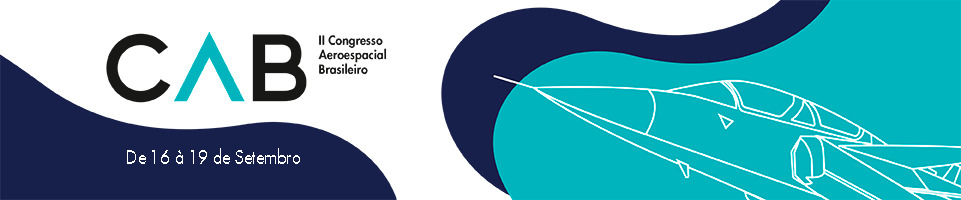 Imagem retangular com fundo branco, elementos em diferentes tons de azul. Tem escrito: CAB, Segundo Congresso Aeroespacial Brasileiro e a data do evento, que será de 16 a 19 de setembro.