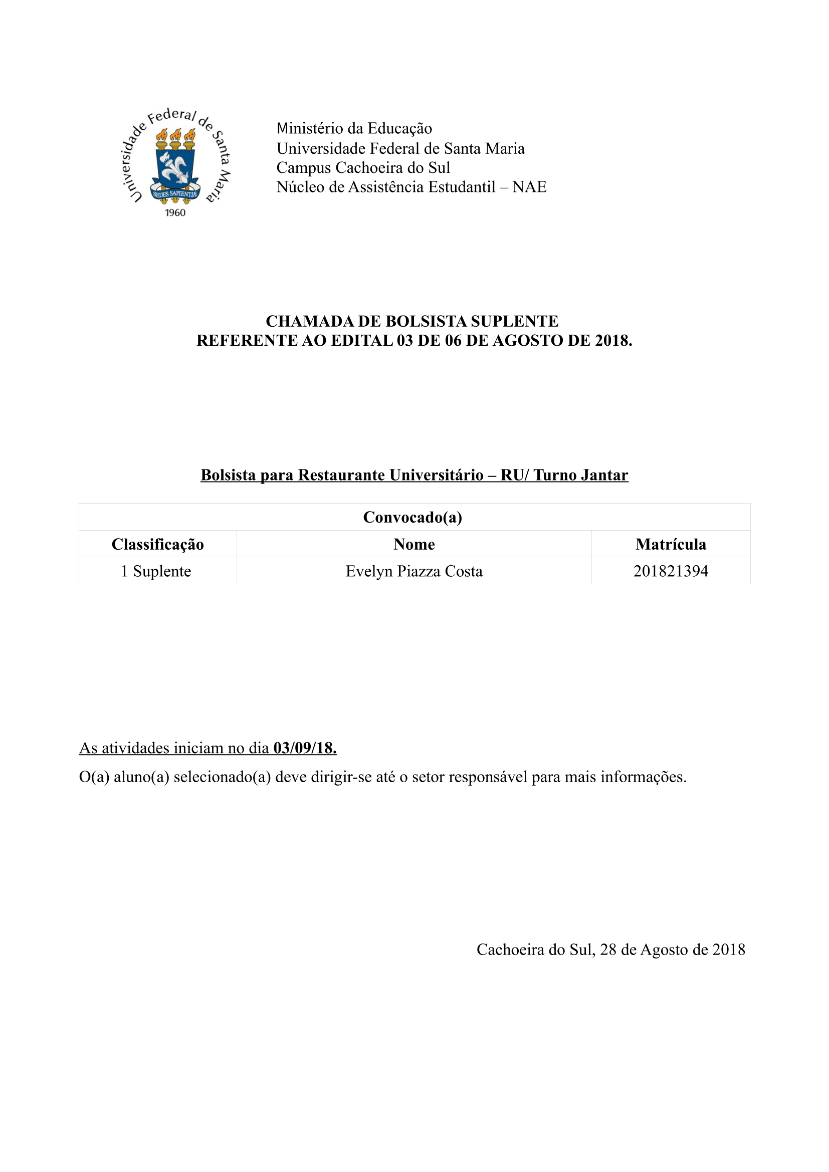 Chamada suplente - Bolsista RU-1
