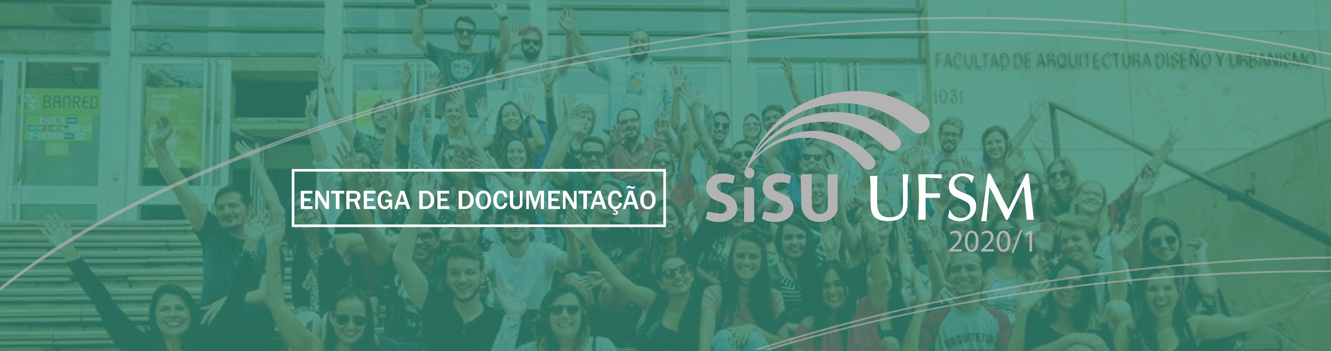 foto com vários estudantes, com filtro verde aplicado, com as informações "Entrega de Documentação" ao lado do logotipo do SISU