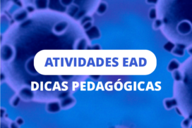 Card com fundo de imagens do coronavírus azul com "atividades EAD - dicas pedagógicas"