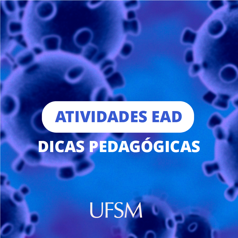 Card com fundo de imagens do coronavírus azul com "atividades EAD - dicas pedagógicas"