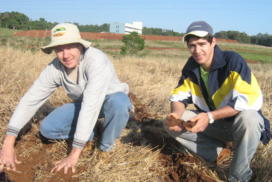 Dois homens agachados mexendo na terra, no campus da UFSM-FW