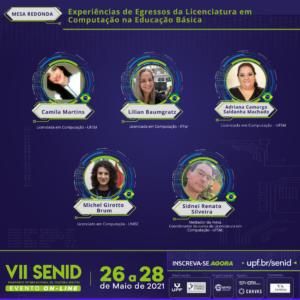 Card de cor roxa com os cinco participantes da Mesa Redonda “Experiências de Egressos da Licenciatura em Computação na Educação Básica”