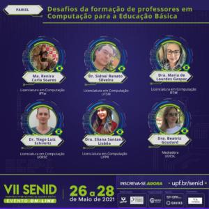 Card na cor roxa com os seis participantes do Painel “Desafios da formação de professores em Computação para a Educação Básica”