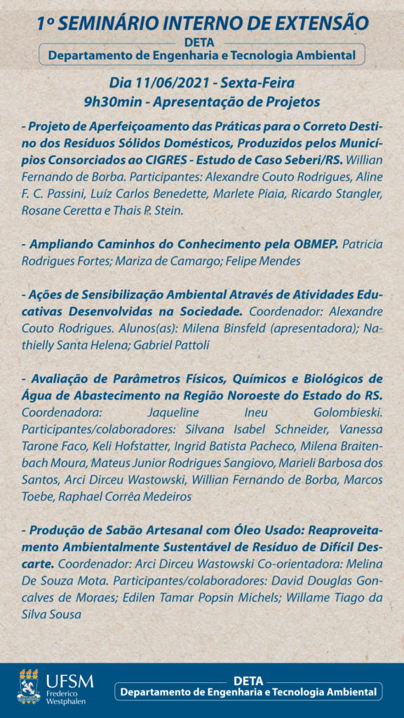 Card na cor cinza com borda azul, contendo os trabalhos a serem apresentados no 1º Seminário Interno de Extensão.