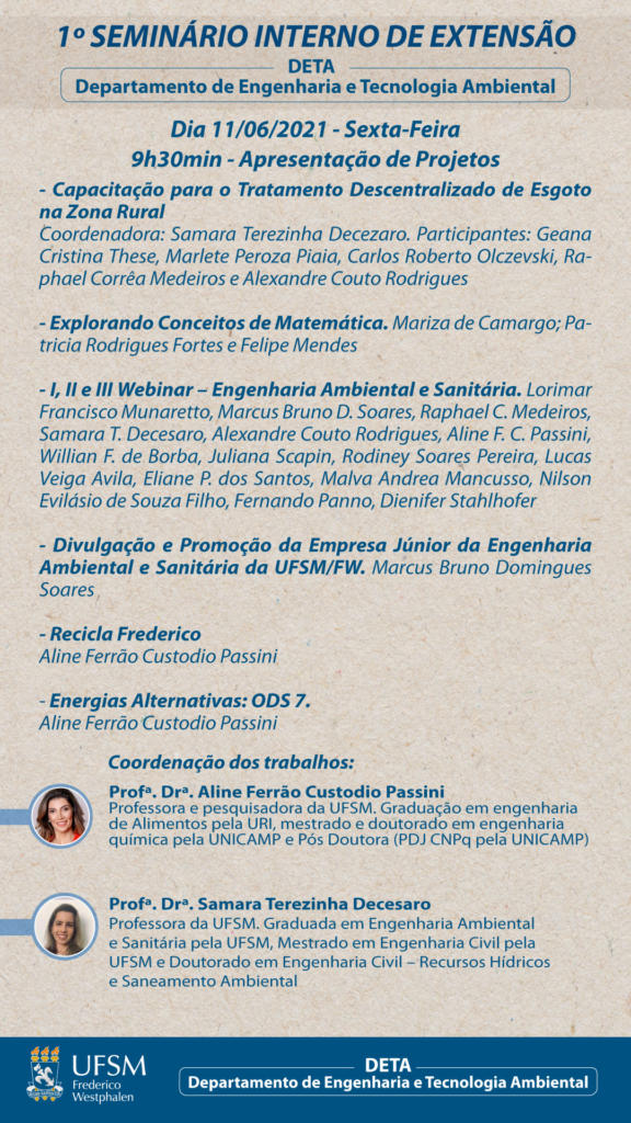 Card na cor cinza com borda azul, contendo a continuação dos trabalhos a serem apresentados no 1º Seminário Interno de Extensão, com a imagem da coordenação dos trabalhos, Profª Drª Aline Passini e Profª Drª Samara Decesaro.