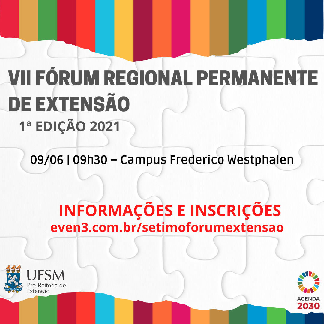 Card na cor branca e margem colorida, com as seguintes palavras: VII Fórum Regional Permanente de Extensão - 1ª Edição 2021 - 09/06-9h30min - Campus Frederico Westphalen - INFORMAÇÕES E INSCRIÇÕES https://www.even3.com.br/setimoforumextensao/