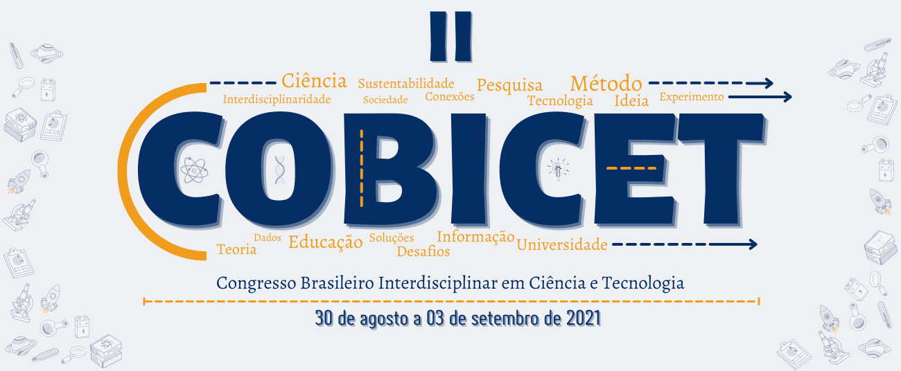 Card com fundo branco escrito II COBICET em letras azuis, e a data de acontecimento, 30 de agosto a 03 de setembro de 2021.