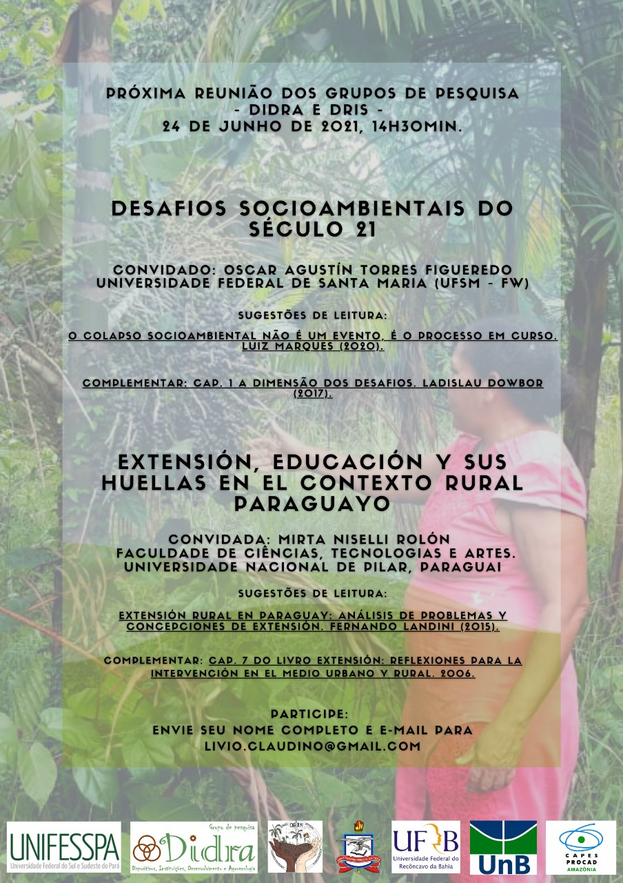 Card verde para divulgação da reunião do DIDRA E DRIS. Na imagem estão descritas as palestras a serem realizadas e as leituras recomendadas para cada uma.