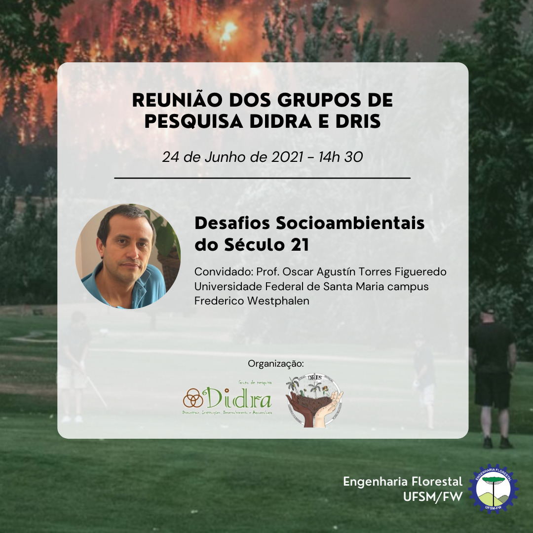 Card com fundo branco com a palestra do Professor Oscar Agustín Torres Figueredo, intitulada “Desafios Socioambientais do século 21”.