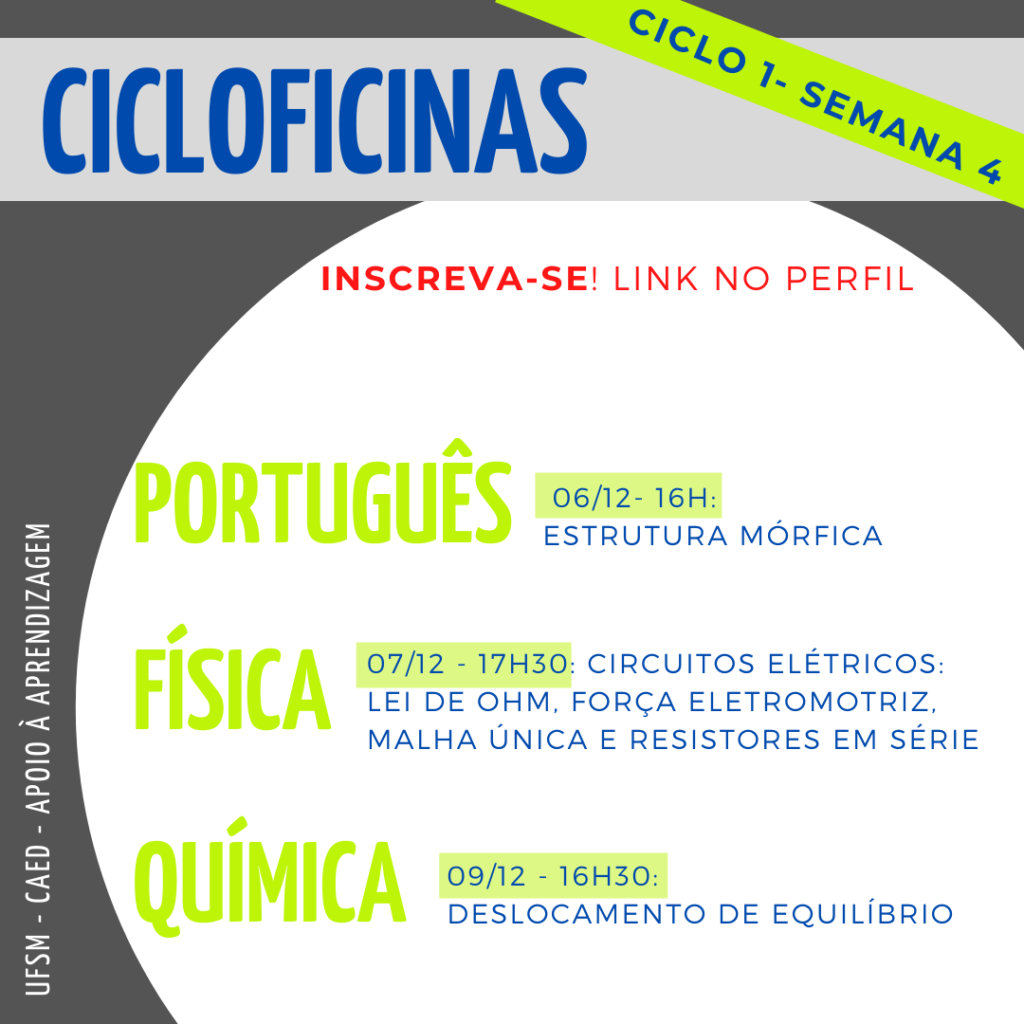 Imagem quadrada, o fundo é na cor cinza escuro. Na parte superior há um retângulo na cor cinza claro onde tem escrito em letras na cor azul o título “Cicloficinas” e acima deste, no canto superior direito, na diagonal, tem um retângulo na cor verde e dentro está escrito na cor azul “ciclo 1 - semana 4”. Logo abaixo, na cor vermelha, “Inscreva-se! Link no perfil”. No centro da imagem há um círculo na cor branca e dentro dele, em letras na cor verde, no lado esquerdo, em destaque, escrito simultaneamente um abaixo do outro “Português”, “Física” e “Química”. Ao lado da primeira matéria, “português” está escrito na cor azul “06/12 - 16h: estrutura mórfica”, abaixo, ao lado de “física” está escrito “07/12 - 17h30: circuitos elétricos: lei de ohm, força eletromotriz, malha única e resistores em série”, abaixo, no último tópico “química”, está escrito “09/12 - 16h30: deslocamento de equilíbrio”. Na lateral esquerda inferior da imagem, na vertical, em letras na cor branca há “UFSM - CAED - Apoio à aprendizagem”.