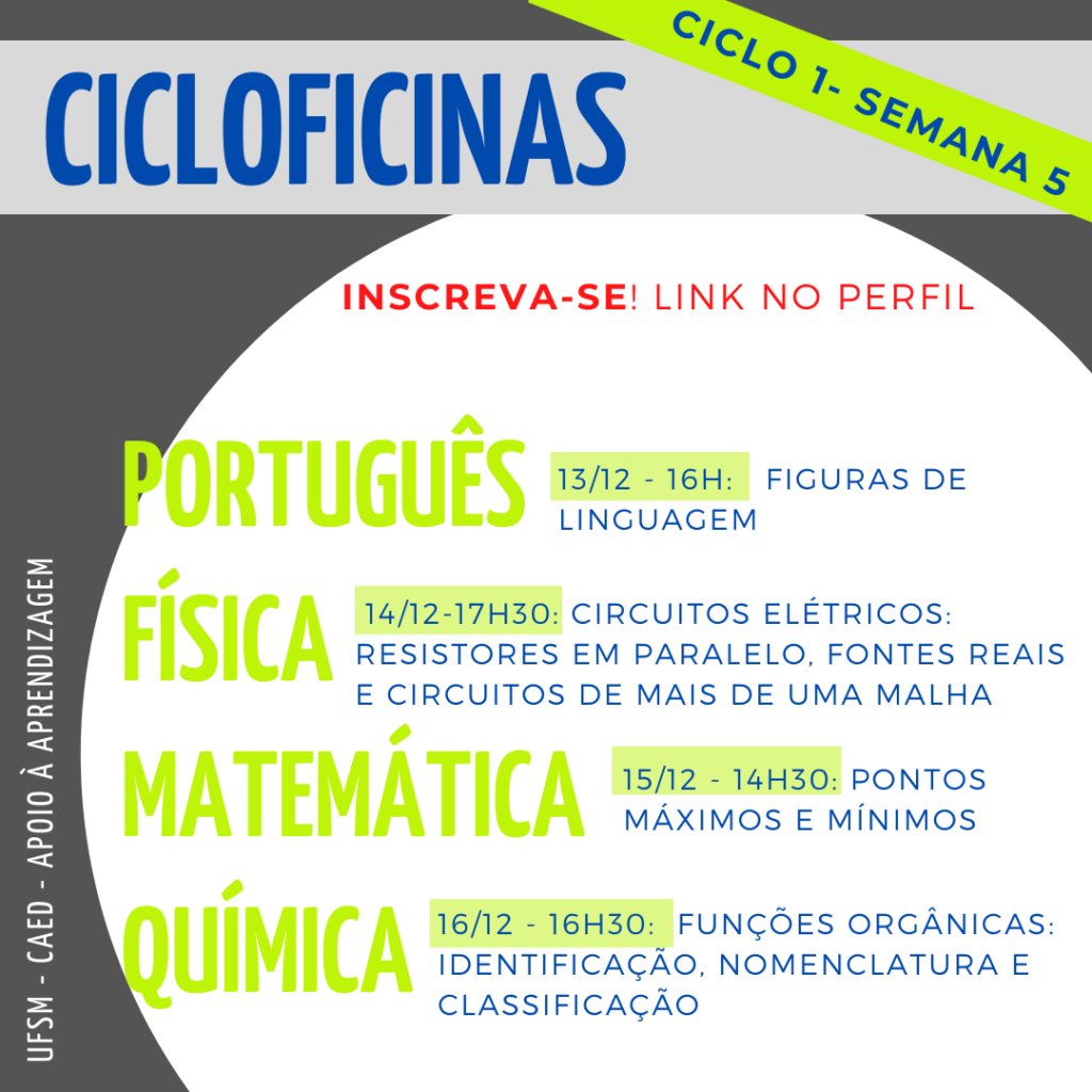 Imagem quadrada, o fundo é na cor cinza escuro. Na parte superior há um retângulo na cor cinza claro onde tem escrito em letras na cor azul o título “Cicloficinas” e acima deste, no canto superior direito, na diagonal, tem um retângulo na cor verde e dentro está escrito na cor azul “ciclo 1 - semana 5”. Logo abaixo, na cor vermelha, “Inscreva-se! Link no perfil”. No centro da imagem há um círculo na cor branca e dentro dele, em letras na cor verde, no lado esquerdo, em destaque, escrito simultaneamente um abaixo do outro “Português”, “Física”, “Matemática” e ”Química”. Ao lado da primeira matéria, “português” está escrito na cor azul “13/12 - 16h: figuras de linguagem”, abaixo, ao lado de “física” está escrito “14/12 - 17h30: circuitos elétricos: resistores em paralelo, fontes reais e circuitos de mais de uma malha”, abaixo, ao lado de “matemática”, está escrito “15/12 - 14h30: pontos máximos e mínimos”, no último tópico “química”, está escrito “16/12 - 16h30: funções orgânicas: identificação, nomenclatura e classificação”. Na lateral esquerda inferior da imagem, na vertical, em letras na cor branca há “UFSM - CAED - Apoio à aprendizagem”.
