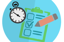 Descrição da imagem: Círculo com fundo azul onde estão: um cronômetro, uma prancheta para checklist e um lápis que marcou um V na lista da prancheta.