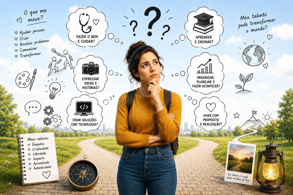 Descrição da imagem: Imagem gerada por Inteligência Artificial. Apresenta uma mulher com o olhar para cima e mão no queixo. Ao seu redor, pontos de interrogação e as frases: "Fazer o bem, cuidar?" "Expressar ideias e histórias?", "criar soluções com tecnologia?", "aprender e ensinar", "organizar, planejar e fazer acontecer"