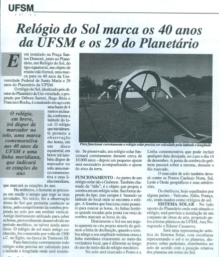Reprodução de notícia com título Relógio de Sol marca 40 anos da UFSM e 29 anos do Planetário