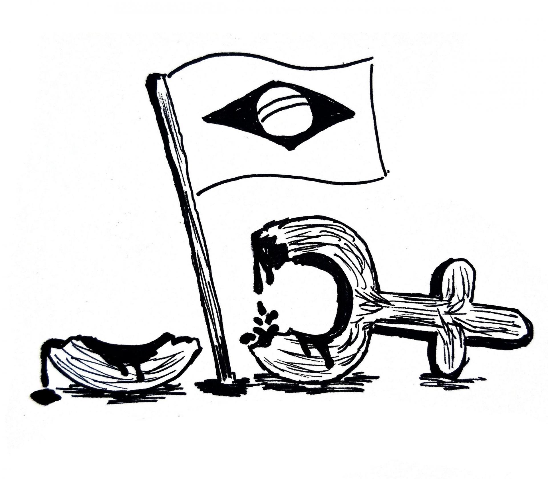 Uma ilustração que mostra uma bandeira do Brasil atravessando o o símbolo de vênus, que é usado para representar o feminino. Esse símbolo consiste em um círculo com uma cruz abaixo dele.