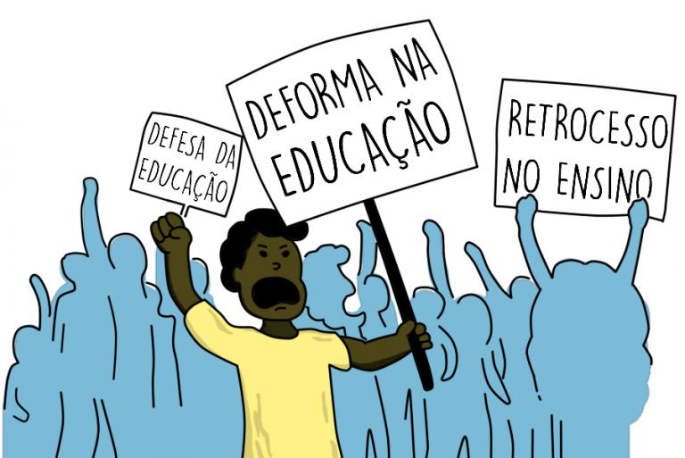 Na ilustração há o desenho de um estudante em um protesto, ele está segurando uma placa com a mensagem: "Deforma na educação". Atrás dele tem a sombra de outras pessoas que estão no mesmo ambiente. Aparecem duas placas, a primeira com a frase "defesa da educação", no lado esquerdo, e a segunda com a frase "retrocesso no ensino", no lado direito da arte.