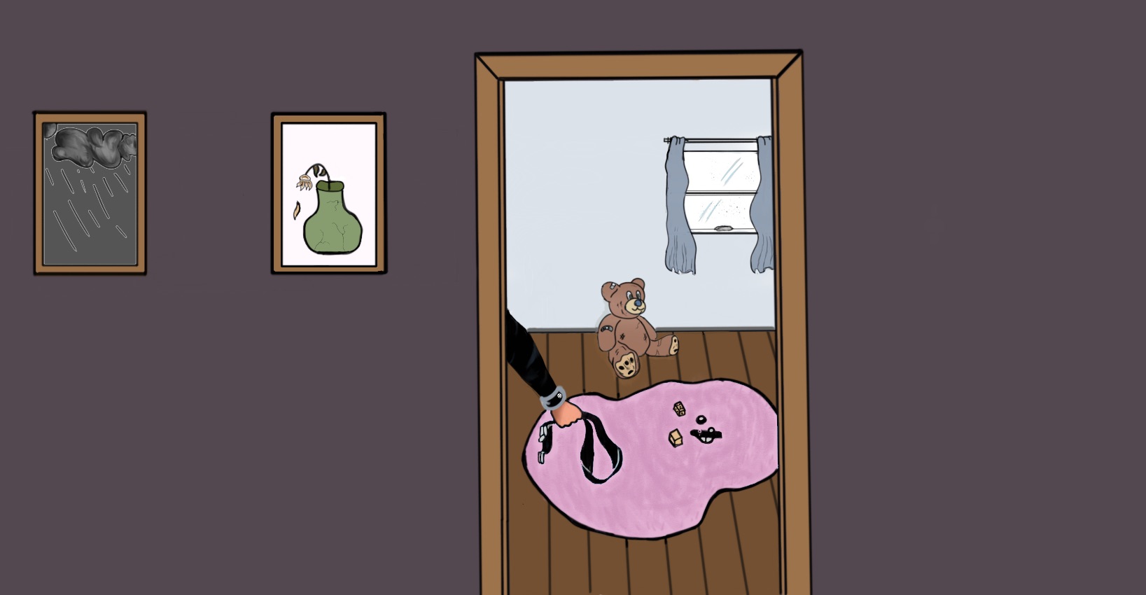 O ambiente da ilustração é a visão da porta do quarto de uma criança, onde é possível visualizar o braço de uma pessoa segurando um cinto, dando a entender que uma violência está prestes a acontecer. Há outros elementos que aparecem no quarto da criança, como um ursinho ao fundo, e algumas peças de montar no chão.