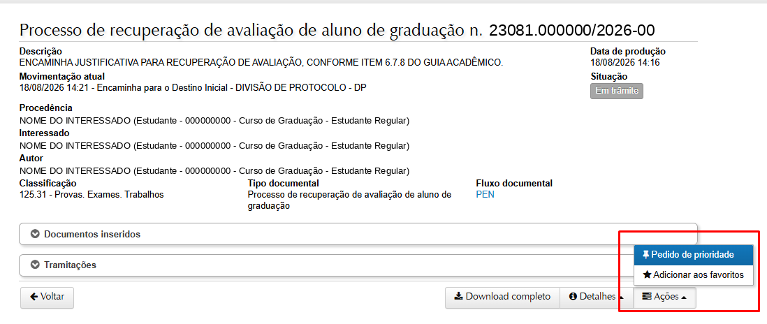 Tela de detalhe de um processo no Portal Documentos, com o menu Ações aberto no rodapé e a opção Pedido de prioridade em destaque.