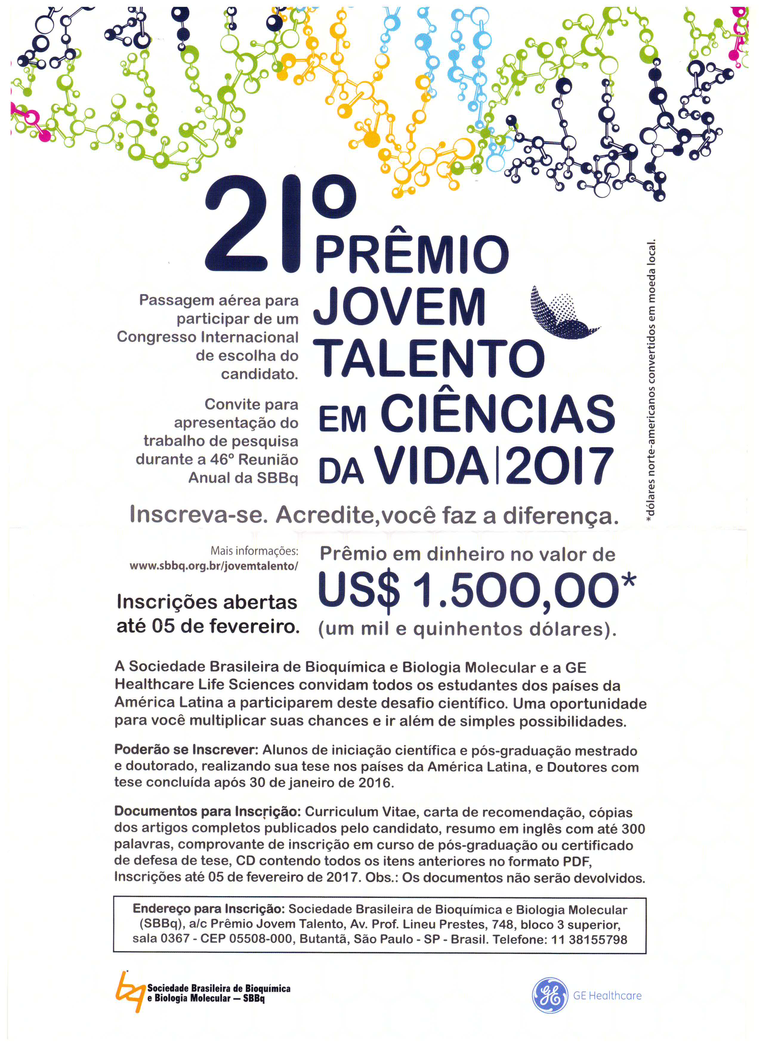 Divulgação Prêmio Jovem Talentos em Ciências da Vida 2017