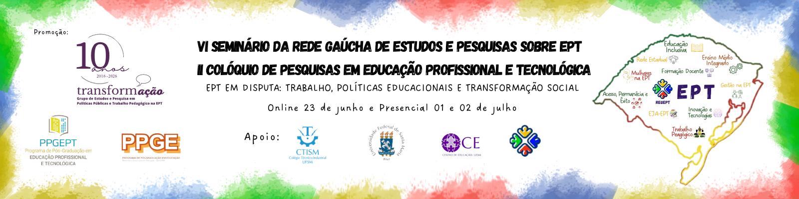 Banner de divulgação do “VI Seminário da Rede Gaúcha de Estudos e Pesquisas sobre EPT” e do “II Colóquio de Pesquisas em Educação Profissional e Tecnológica”. Apresenta o tema “EPT em disputa: trabalho, políticas educacionais e transformação social” e as datas (online em 23 de junho e presencial em 1 e 2 de julho). Inclui logotipos institucionais à esquerda e, à direita, um mapa do Rio Grande do Sul com a sigla EPT e termos relacionados à educação.