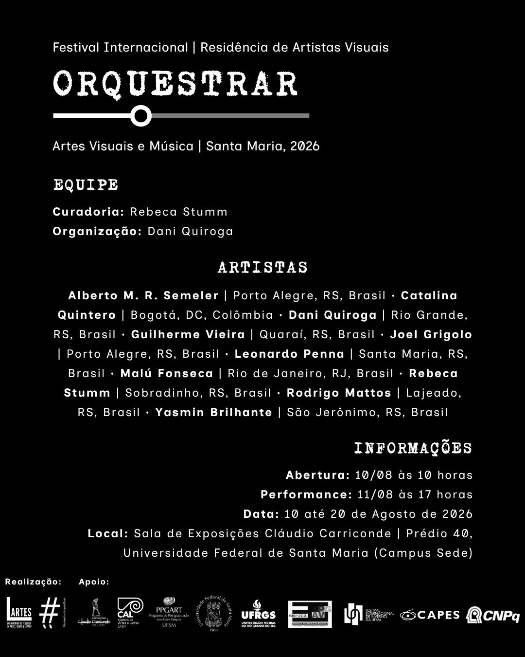 Cartaz da exposição coletiva Orquestrar, realizada na Sala de Exposições Cláudio Carriconde da UFSM, de 10 a 20 de agosto de 2026.