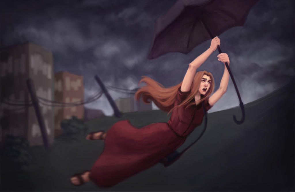 Ilustração de mulher segurando guarda-chuva enquanto é levada pelo vento