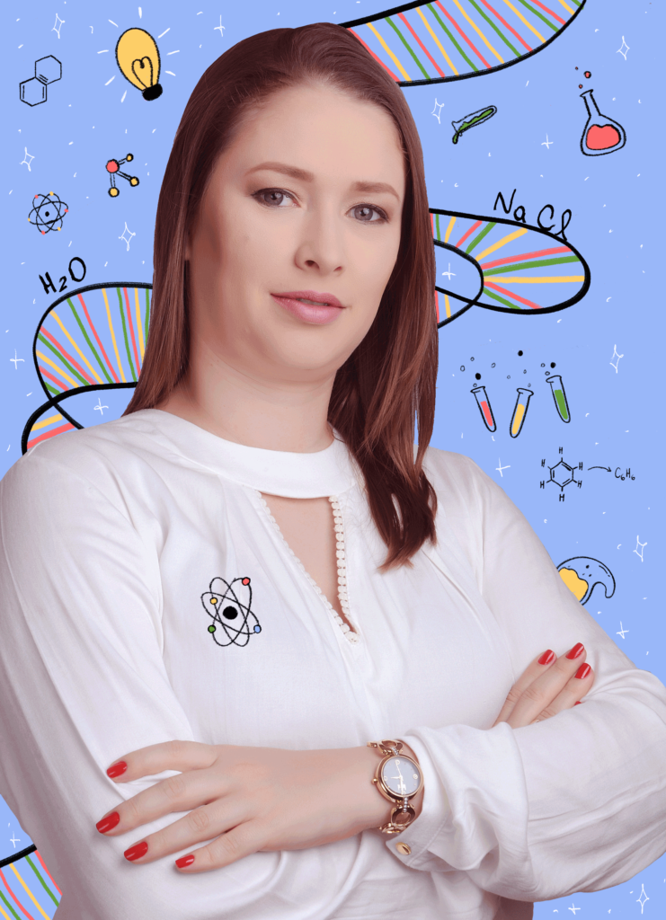 Foto de perfil de mulher jovem com roupa branca. A imagem traz uma série de ilustrações relacionadas à química, como átomo