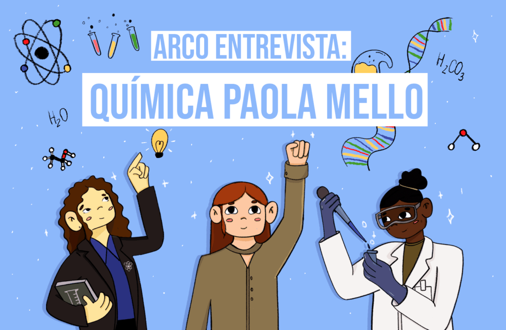 Ilustração de 3 pesquisadoras mulheres da área de química