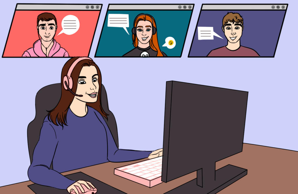 Ilustração colorida na horizontal. Uma mulher está sentada na frente de um computador, usando um fonte de ouvido  microfone. No topo da imagem, três telas com diferentes pessoas são representadas referentes à uma chamada de vídeo. 