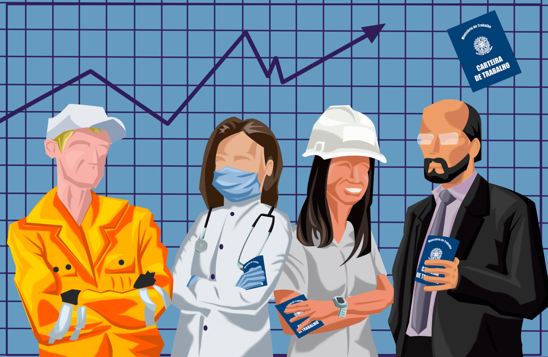 Ilustração horizontal e colorida de quatro pessoas de diferentes profissões. Na esquerda, um homem de pele branca e cabelo loiro; usa boné branco e jaqueta amarelo mostarda, nas mãos, luvas pretas; está com os braços cruzados. Ao lado, médica, de pele branca, cabelos castanho escuros e lisos, veste um jaleco branco e usa máscara cirúrgica azul, estetoscópio preto no pescoço e luvas azuis; segura uma carteira de trabalho nas mãos e está com os braços cruzados. Ao lado, mulher de pele branca, cabelos pretos, compridos e lisos; sorri; veste camisa de manga curta cinza; usa capacete de proteção de obras na cor branco e relógio cinza; está com os braços cruzados e segura nas mãos uma carteira de trabalho azul. Ao lado, na direita da imagem, homem de pele negra, cabelos, barba e bigodes escuros; veste terno preto sobre camisa lilás e gravata cinza; usa óculos branco; está com uma das mãos no bolso, e na outra, segura uma carteira de trabalho azul. Todas as pessoas não tem detalhes do rosto ilustrados. Atrás, fundo quariculado na cor azul pastel. Na parte superior, linha de gráfico em forma de zigue-zague que indica quedas e aumentos. No canto superior direito, uma carteira de trabalho vertical, em azul escuro, com detalhes em branco.