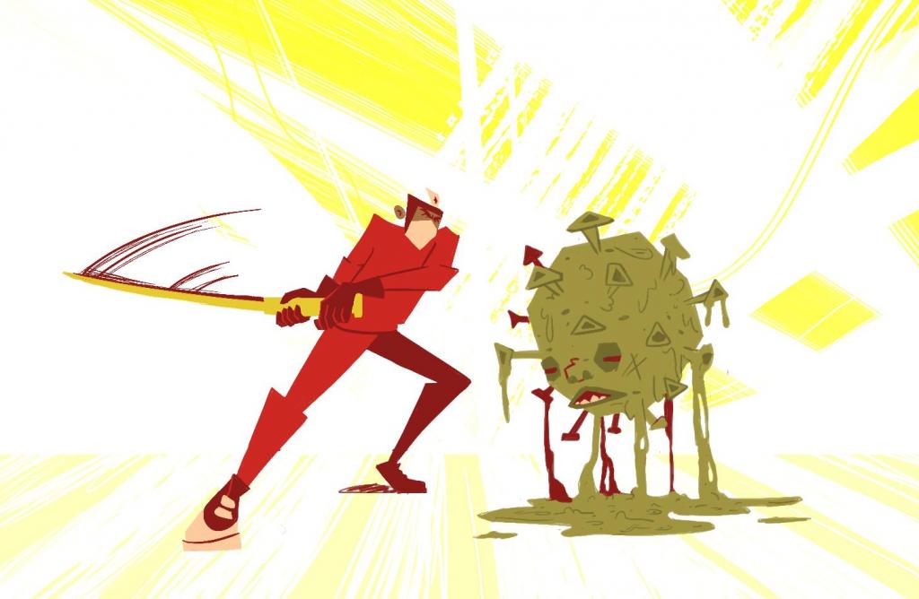 Ilustração horizontal colorida de homem, em vermelho, batendo com uma espada no coronavírus