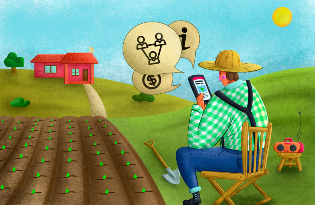 Descrição da imagem: Ilustração horizontal e colorida de um agricultor ao lado de uma plantação. Ele está na direita da imagem, sentado de costas em uma cadeira de madeira, e segura um celular preto touchscreen nas mãos. Na tela, um feed de notícias. Do celular, três balões de representação de fala com símbolos dentro: um "i", uma moeda e três pessoas interligadas por uma linha triangular. Ele tem pele branca, olhos escuros, cabelos castanhos, veste camisa xadrez verde e branca, calça azul marinho, botas pretas e usa um chapéu de palha na cor dourada. Ao lado direito, sobre um banco de madeira redondo, um rádio vermelho. Ao lado esquerdo da imagem, plantação em seis carreiras de terra, com plantas recém nascidas na cor verde. Ao fundo, em um morro, uma casa vermelha com duas janelas. Aos lados da casa, árvores e arbustos em verde escuro. O gramado é na cor verde claro. Em frente a porta da casa, um caminho de terra. Ao fundo, o céu azul e, no canto superior direito, o sol amarelo.