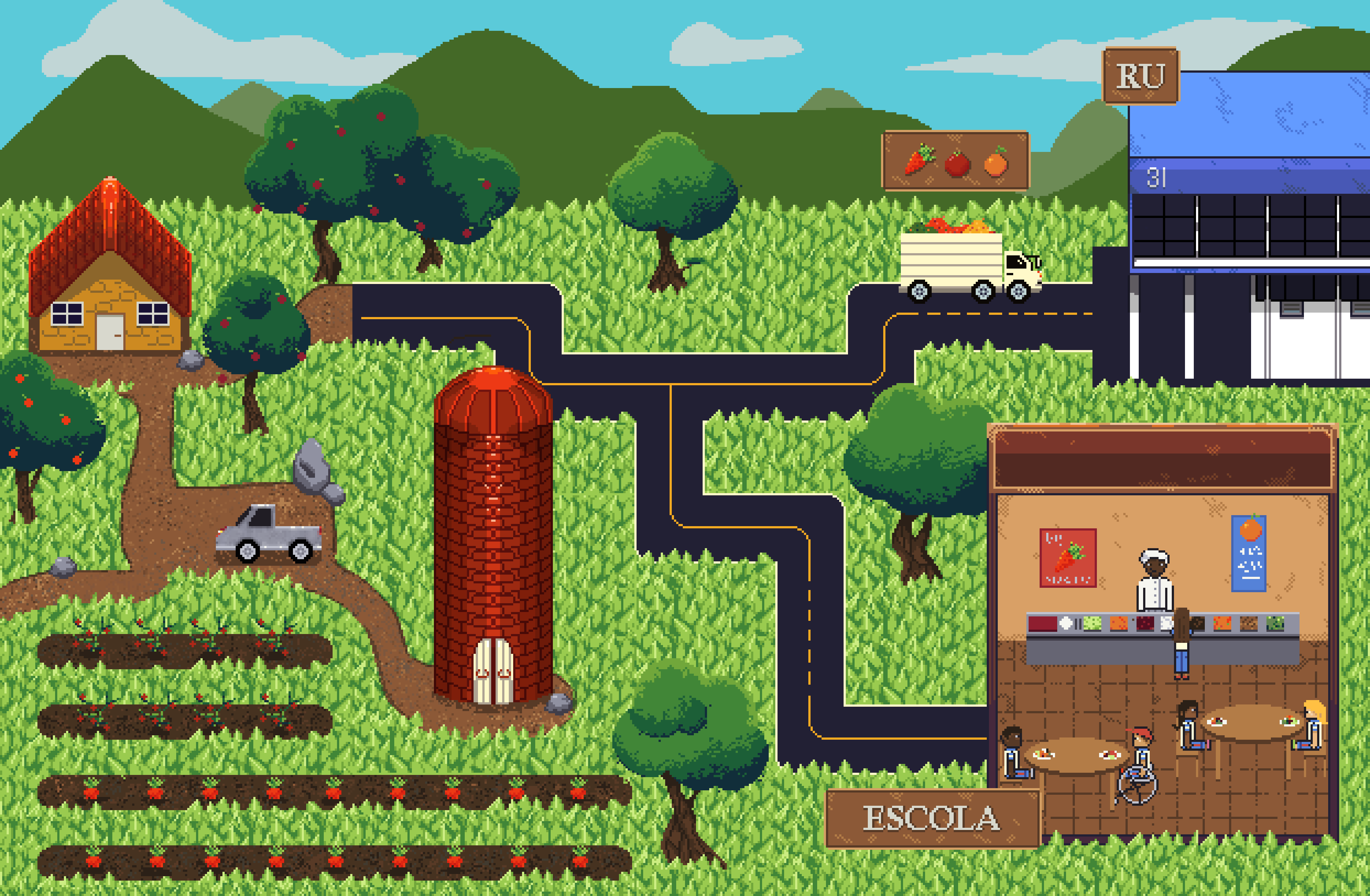 Ilustração horizontal e colorida de uma paisagem colorida em pixel art. No lado esquerdo, uma propriedade rural: em cima, uma casa de tijolos amarelo queimado com telhado de telhas vermelhas; há um caminho de chão batido que liga a casa até os quatro canteiros de tomate e cenoura. Ao lado dos canteiros, um celeiro de armazenamento em formato de cilindro, com tijolos vermelhos à vista. Na estrada, caminhonete com caçamba cinza. Na propriedade, há macieiras e laranjeiras espalhadas e ela é preenchida com grama verde clara. Ao lado direito da casa, a estrada de chão se encontra com o asfalto. Ele tem uma bifurcação: no caminho para cima, leva ao RU, e para baixo, a uma escola. O RU é um prédio de dois andares azul com detalhes em preto, cinza e branco. Do lado esquerdo dele tem um caminhão caçamba branco com alimentos: cenoura, tomate e laranja. Abaixo, a escola é marrom e bege, e tem a parede vazada na parte do refeitório: há duas mesas redondas com quatro alunos sentados. Um deles é usuário de cadeira de rodas. Ao fundo, um balcão estilo buffet, com alimentos coloridos. Atrás dele, uma mulher negra com roupas brancas. Na frente, uma estudante de cabelos compridos, de costas. Na parede, cartazes coloridos com laranja e cenoura desenhados. Ao redor do caminho, do RU e da escola, há árvores verde escuras e grama verde clara. Ao fundo, montanhas em verde musgo e céu e nuvens em azul claro.