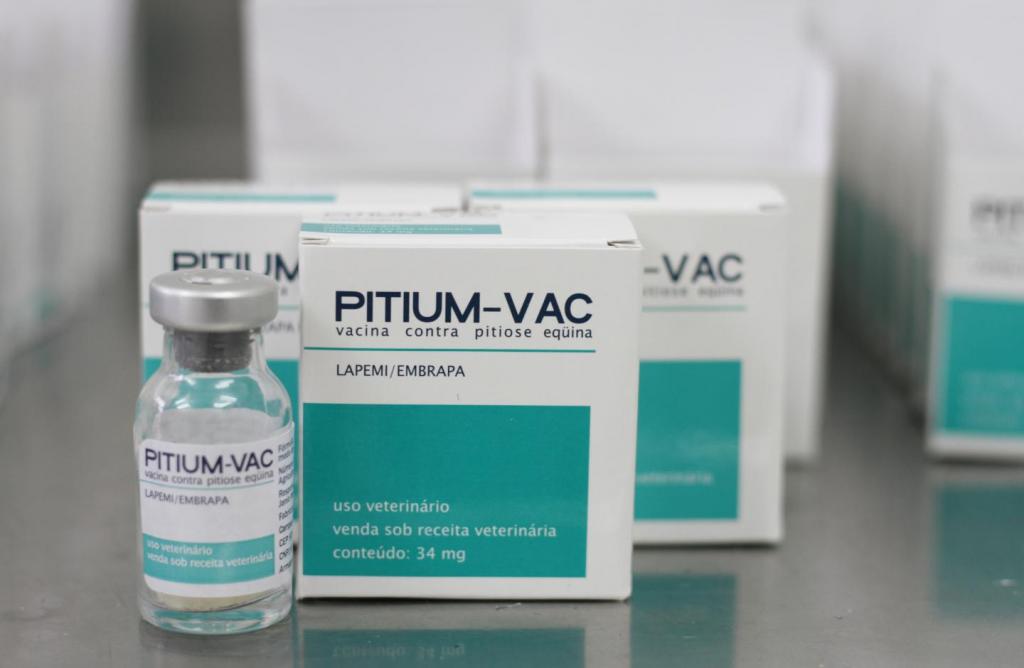 Image Description: Horizontal color photo of a medication. In the center of the image, three white, green and black boxes of “Pitium-Vac - equine” pythiosis vaccine. To the left, a small glass vial of the vaccine. The background is blurred.