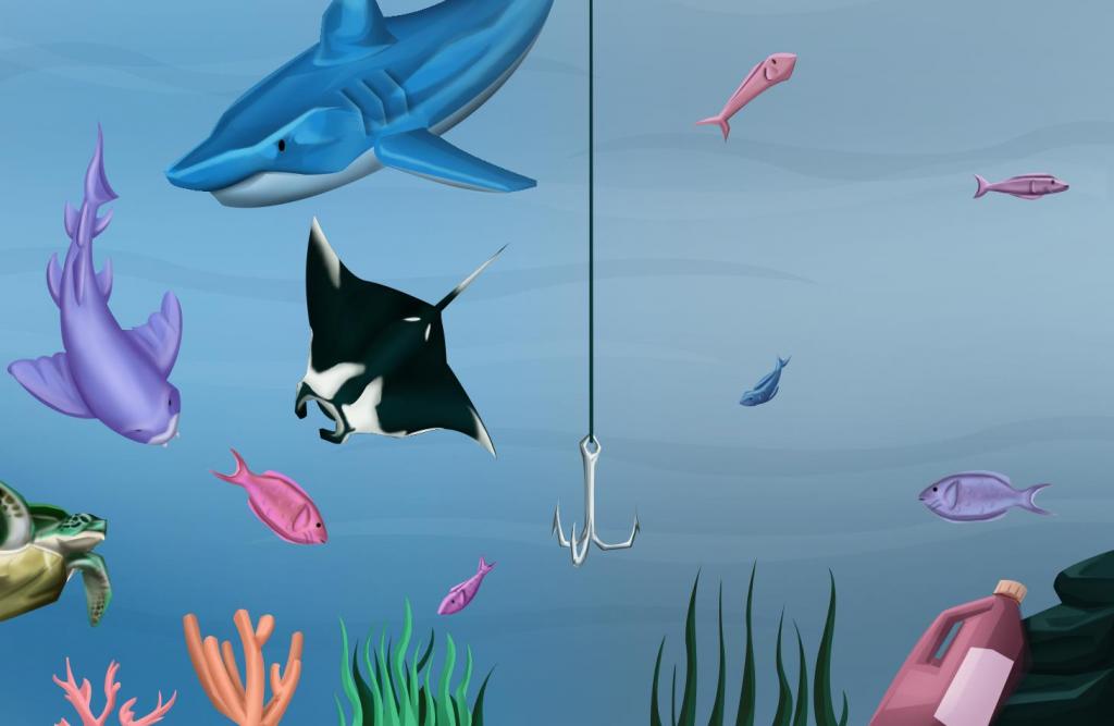 Descrição da imagem: Ilustração horizontal e colorida do oceano e animais marinhos. No centro da imagem, há uma âncora cinza pendurada por uma corda preta. Na parte esquerda da imagem, um tubarão cinza azulado, uma arraia preta, uma tartaruga em tons de verde, dois peixes pequenos em tons de rosa e um tubarão menor em tom de lilás. No lado direito, quatro peixes pequenos em tons de roxo, rosa e azul. Na parte inferior, algas e recifes em tons de verde, laranja e rosa, além de uma rocha preta e garrafa de plástico rosa malva. O fundo é azul com textura de água.