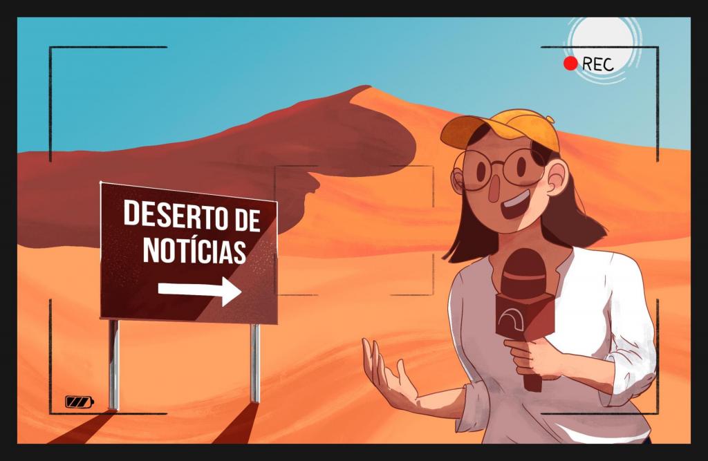 Descrição da imagem: ilustração de uma mulher jovem em um deserto. Ela está no lado direito da imagem, de pé, em primeiro plano; tem pele branca, olhos escuros, rosto redondo e está com a boca aberta. Tem cabelos lisos, escuros e em corte Channel. Segura um microfone marrom nas mãos, com o desenho de um arco vazado abaixo. Veste blusa branca de manga comprida e usa um boné amarelo queimado. Ao lado esquerdo da imagem, placa marrom e retangular com o texto "Desertos de Notícias e uma flecha", em branco. Ao fundo, montanha de areia laranja com sombras. No lado superior direito, o sol. Na imagem, em moldura, "Rec" e um círculo vermelho.