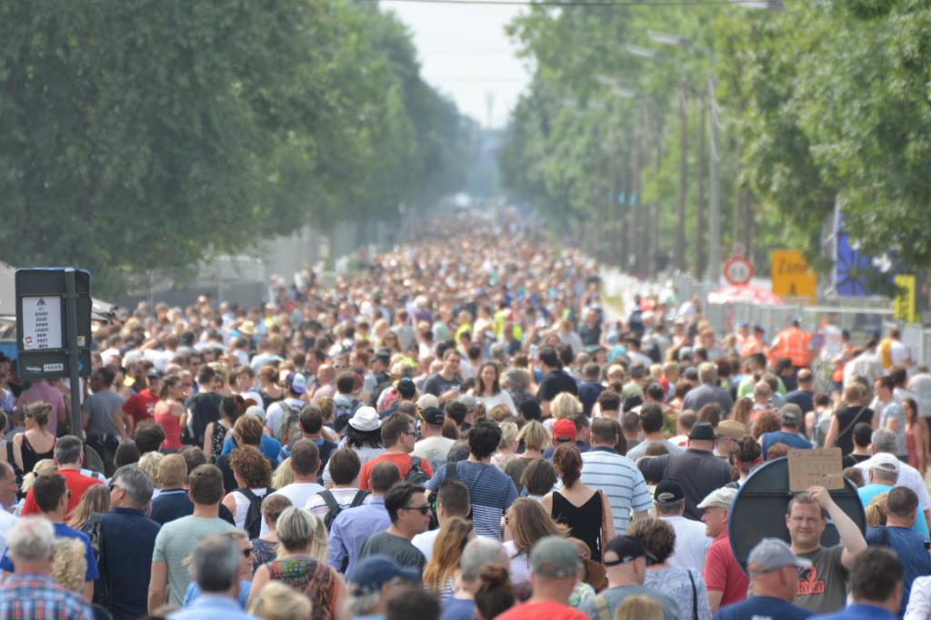 Descrição da imagem: Fotografia horizontal e colorida de uma multidão de pessoas em uma rua arborizada.