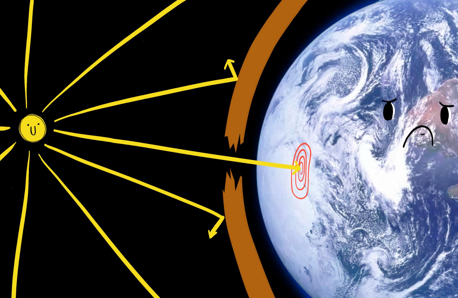 Descrição da imagem: imagem horizontal e colorida com ilustração e colagem. No centro direito da imagem, colagem do planeta Terra em azul. No centro, desenho de uma carinha triste. Na parte esquerda do planeta Terra, um alvo em vermelho. Há um semicírculo marrom alaranjado ao redor da terra, e há uma quebra em um dos pontos do semicírculo, próximo do alvo vermelho. Na parte esquerda da imagem, desenho simples de um sol com desenho de carinha feliz. Os raios solares são compridos, passam pelo buraco na camada e atingem o alvo. O fundo é preto.