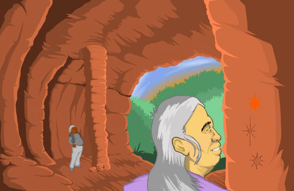 Descrição da imagem: Ilustração horizontal e colorida de uma mulher de cabelos grisalhos que observa desenhos em uma parede de caverna. Ela tem cabelos lisos e grisalhos, pele branca, está de perfil e em primeiro plano. Ao fundo, adolescente de pele negra está de pé e olha para o teto. Ao fundo, a entrada da caverna com uma paisagem verde.