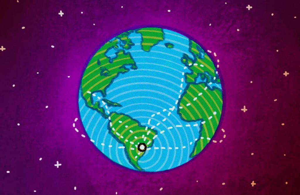 Ilustração horizontal e colorida do planeta terra. Ele está representado por um círculo, com os países em verde e o oceano em azul claro. Há pontilhados na cor branca, que saem do Brasil para outros continentes. O fundo é roxo berinjela com efeitos de estrelas na cor branca.
