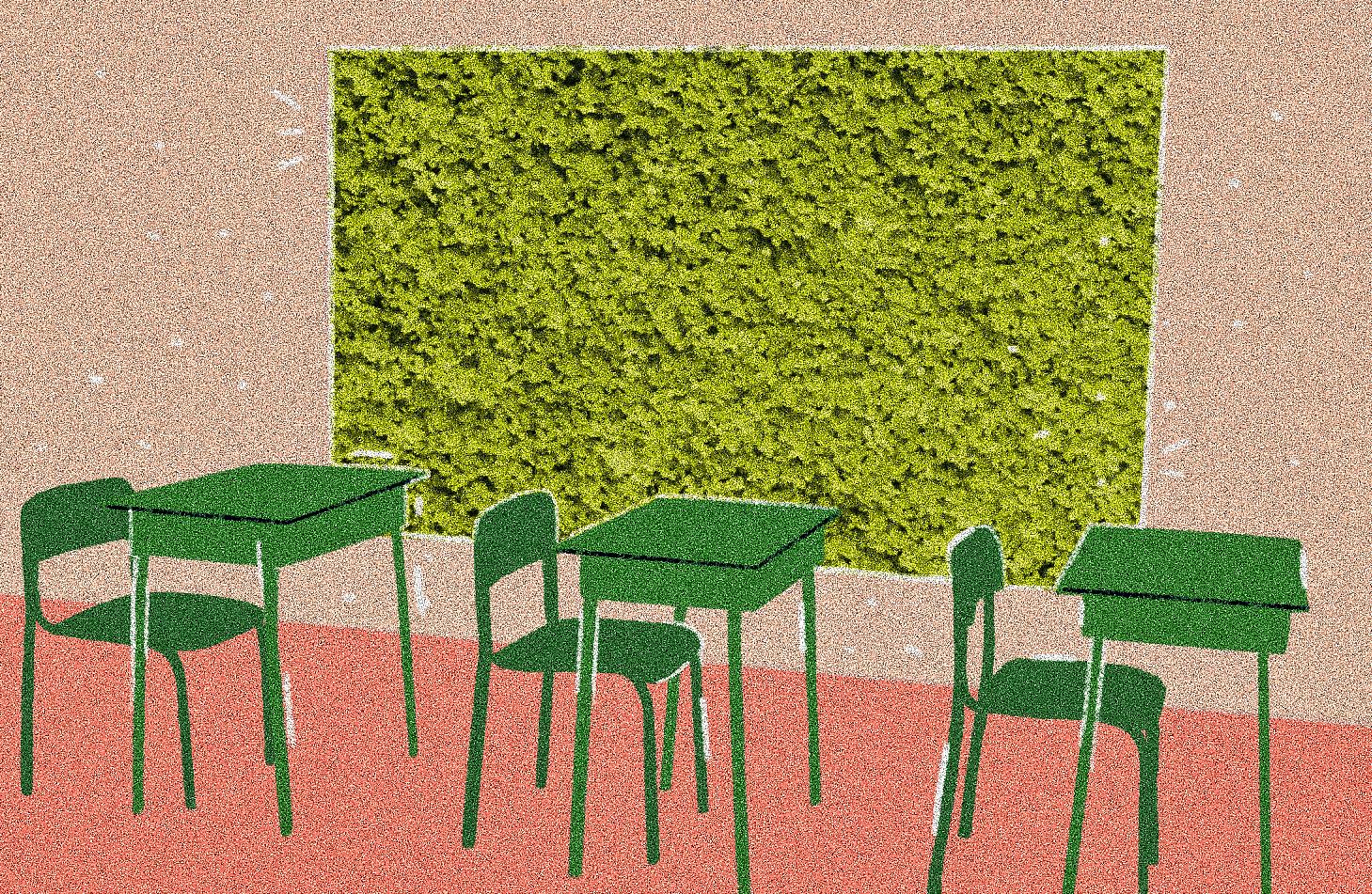 Descrição da imagem: ilustração horizontal e colorida de um jardim vertical em uma sala de aula. Há três mesas com cadeiras na cor verde escuro enfileiradas. Ao fundo, na parede, retângulo horizontal preenchido com grama na cor verde claro. A parede tem tom de rosa claro, e o piso, rosa queimado.