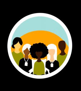 Logotipo do Projeto Acessibilidade. a imagem contém quatro diferentes pessoas, duas delas com cordão de identificação de pessoas com deficiência, sendo três delas pessoas negras, uma pessoa branca e uma pessoa de cor amarela, todas representando a diversidade.